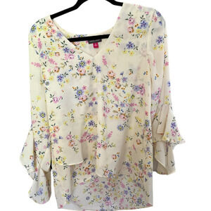 Vince Camuto Blouse, Flutter Sleeves, Layered Front, Floral Pastel Colors Med